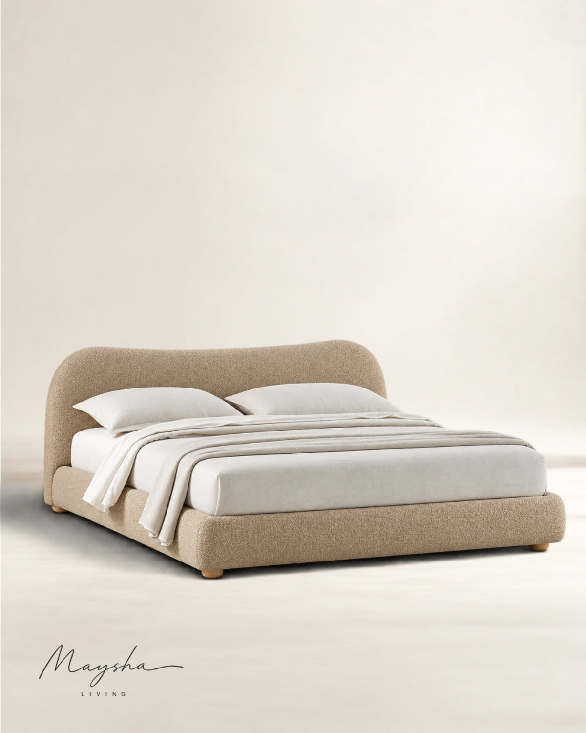 AVYELLE Curved Upholstered Camel-Back Sandstone Bed