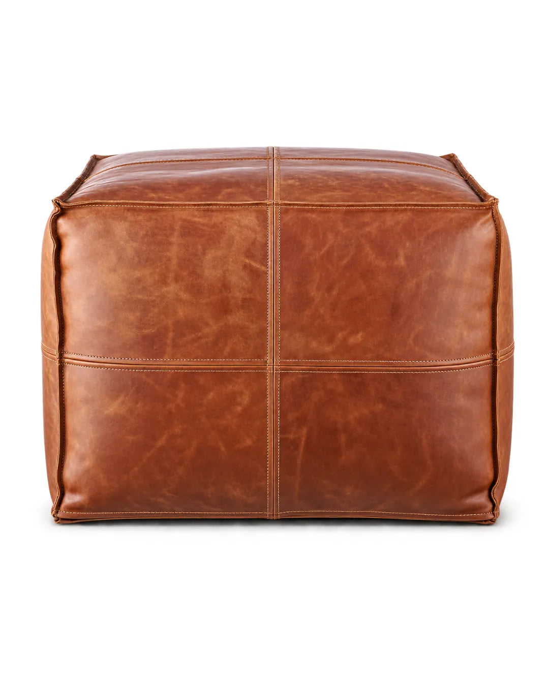 Duresto Hand-Stitched Top-Grain Leather Cube Pouf