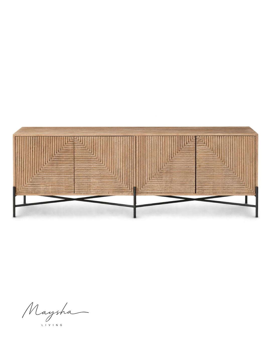 Praxelle Solid Wood 4-Door Sideboard with Carved Geometric Doors and Black Metal Base
