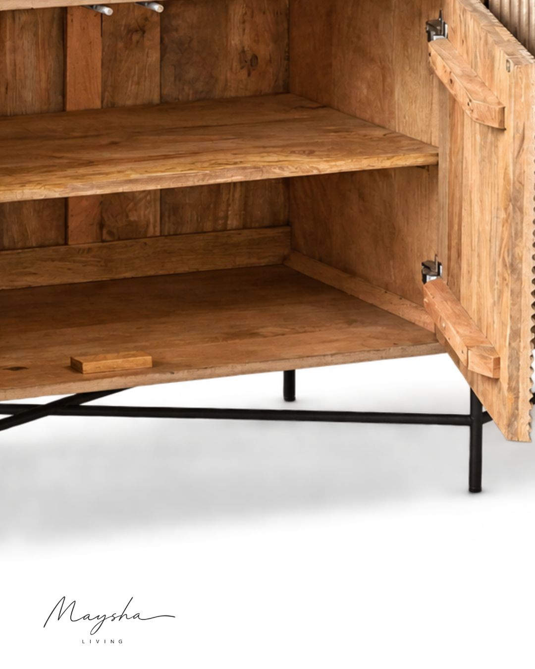 Praxelle Solid Wood 4-Door Sideboard with Carved Geometric Doors and Black Metal Base