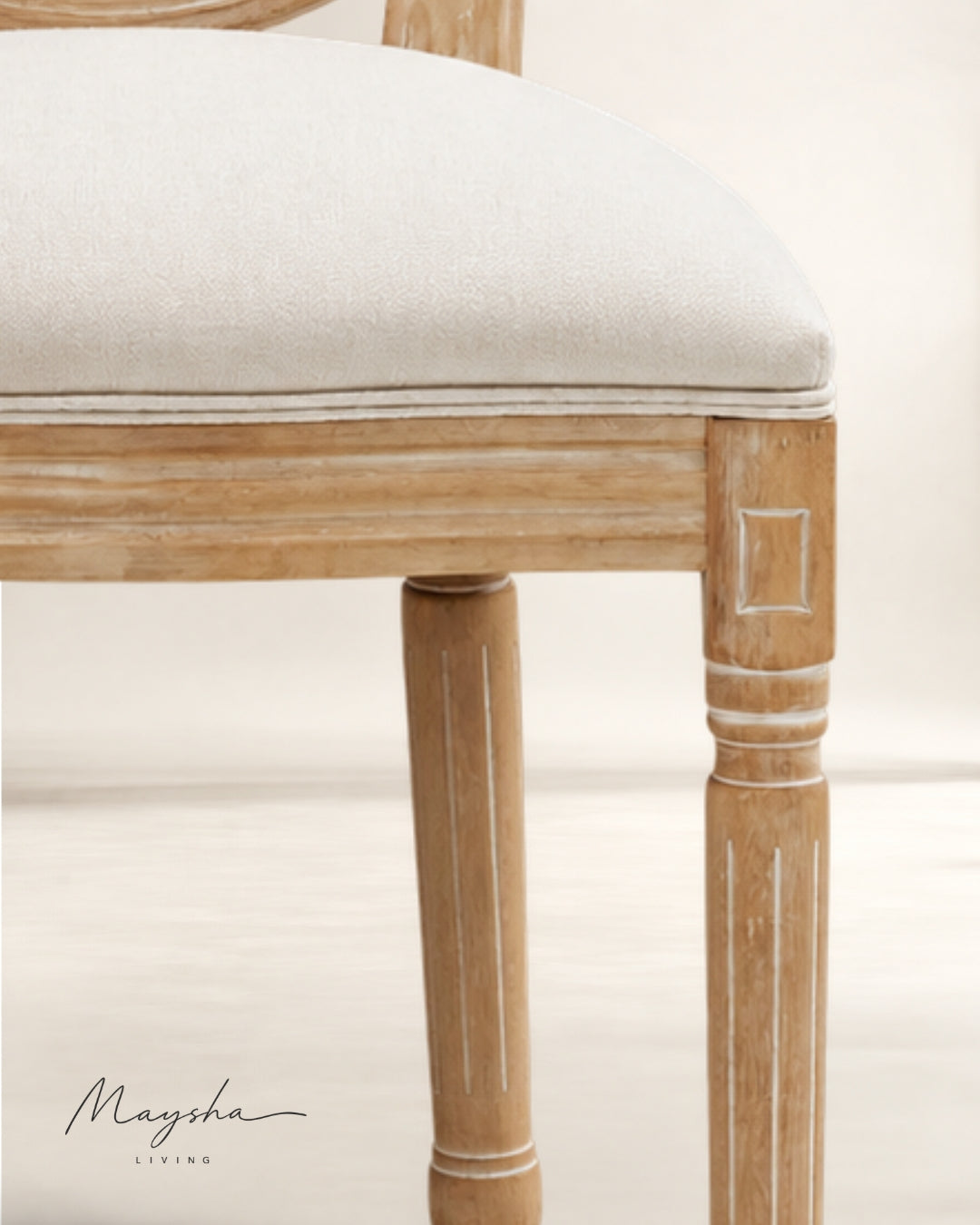 Celeste Curved-Back Beige Dining Chairs with Carved Wooden Legs