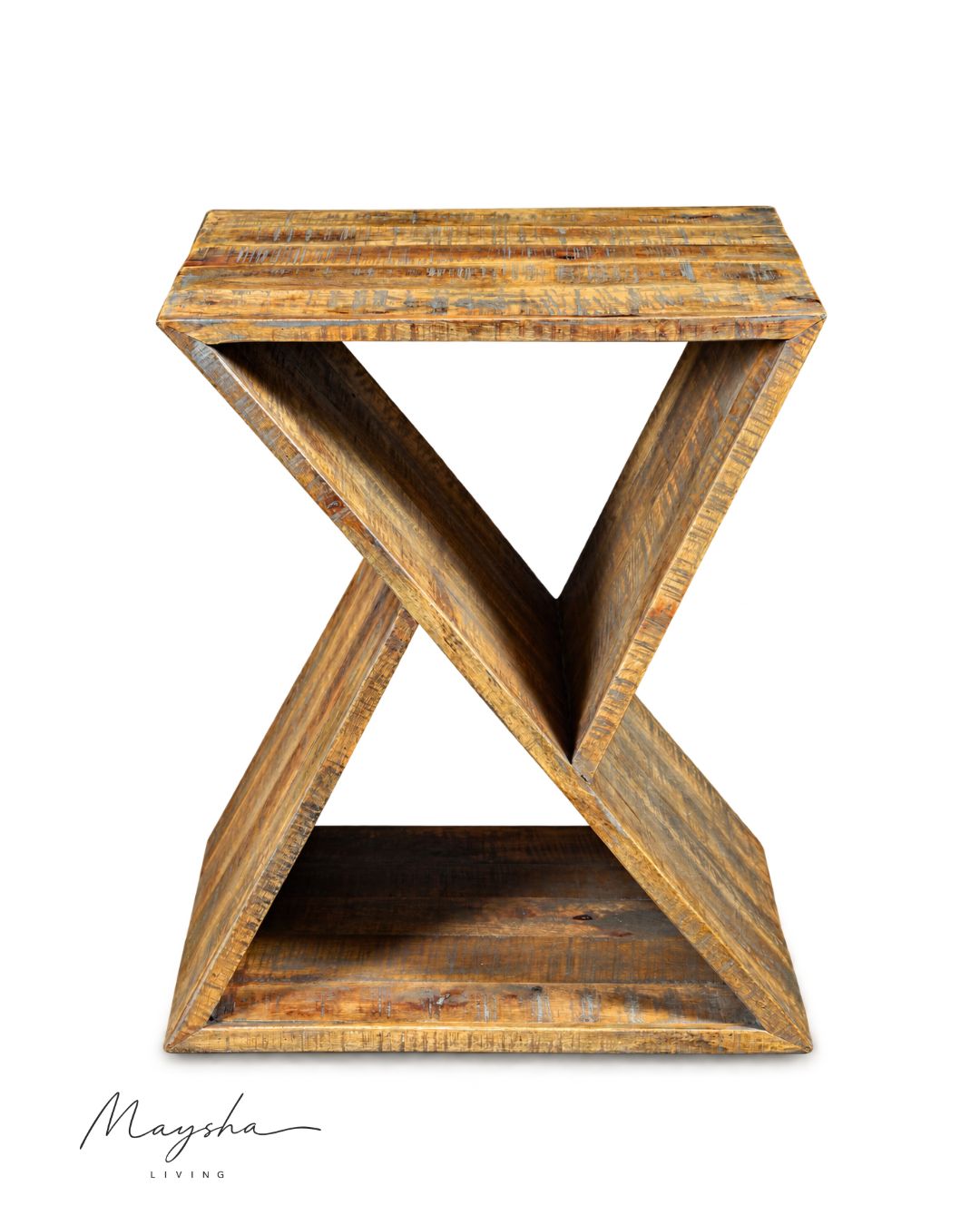 Kavero Solid Wood X-Frame Side Table with Lower Shelf