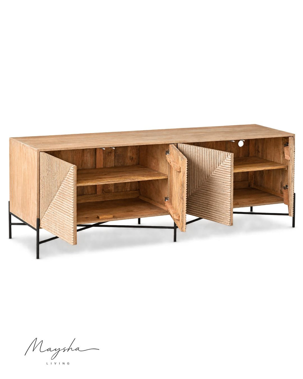 Praxelle Solid Wood 4-Door Sideboard with Carved Geometric Doors and Black Metal Base