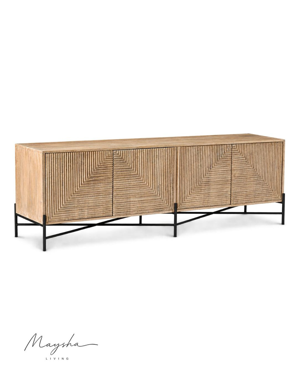 Praxelle Solid Wood 4-Door Sideboard with Carved Geometric Doors and Black Metal Base