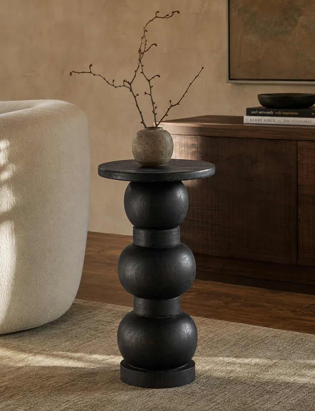 Orivia Black Ash Spherical Solid Wood Pedestal Side Table with black Marble Top