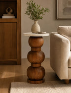 Orivia Walnut Spherical Solid Wood Pedestal Side Table with White Marble Top