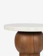 Orivia Walnut Spherical Solid Wood Pedestal Side Table with White Marble Top
