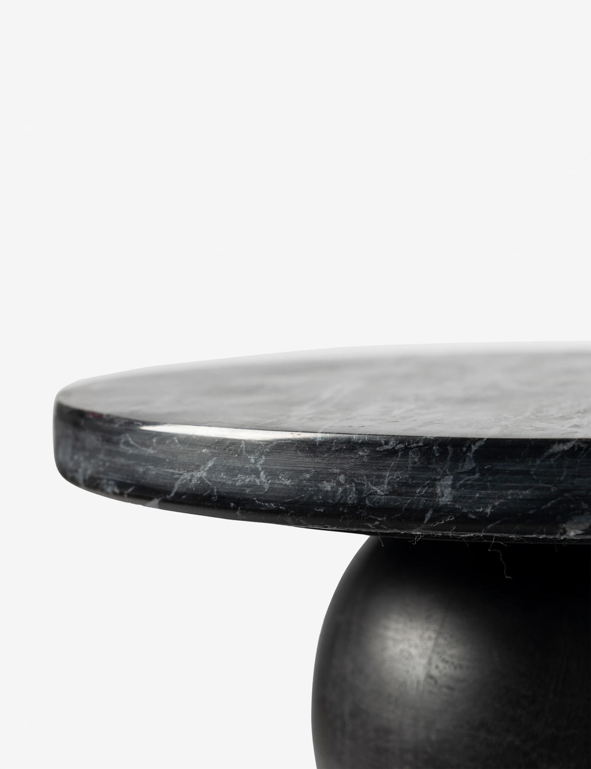 Orivia Black Ash Spherical Solid Wood Pedestal Side Table with black Marble Top