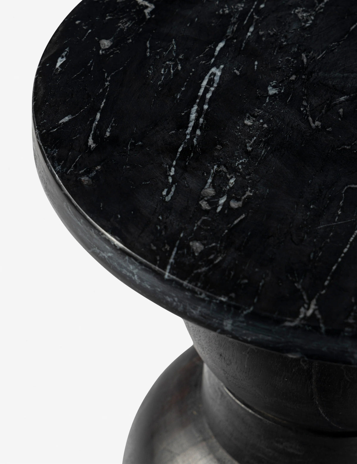 Orivia Black Ash Spherical Solid Wood Pedestal Side Table with black Marble Top