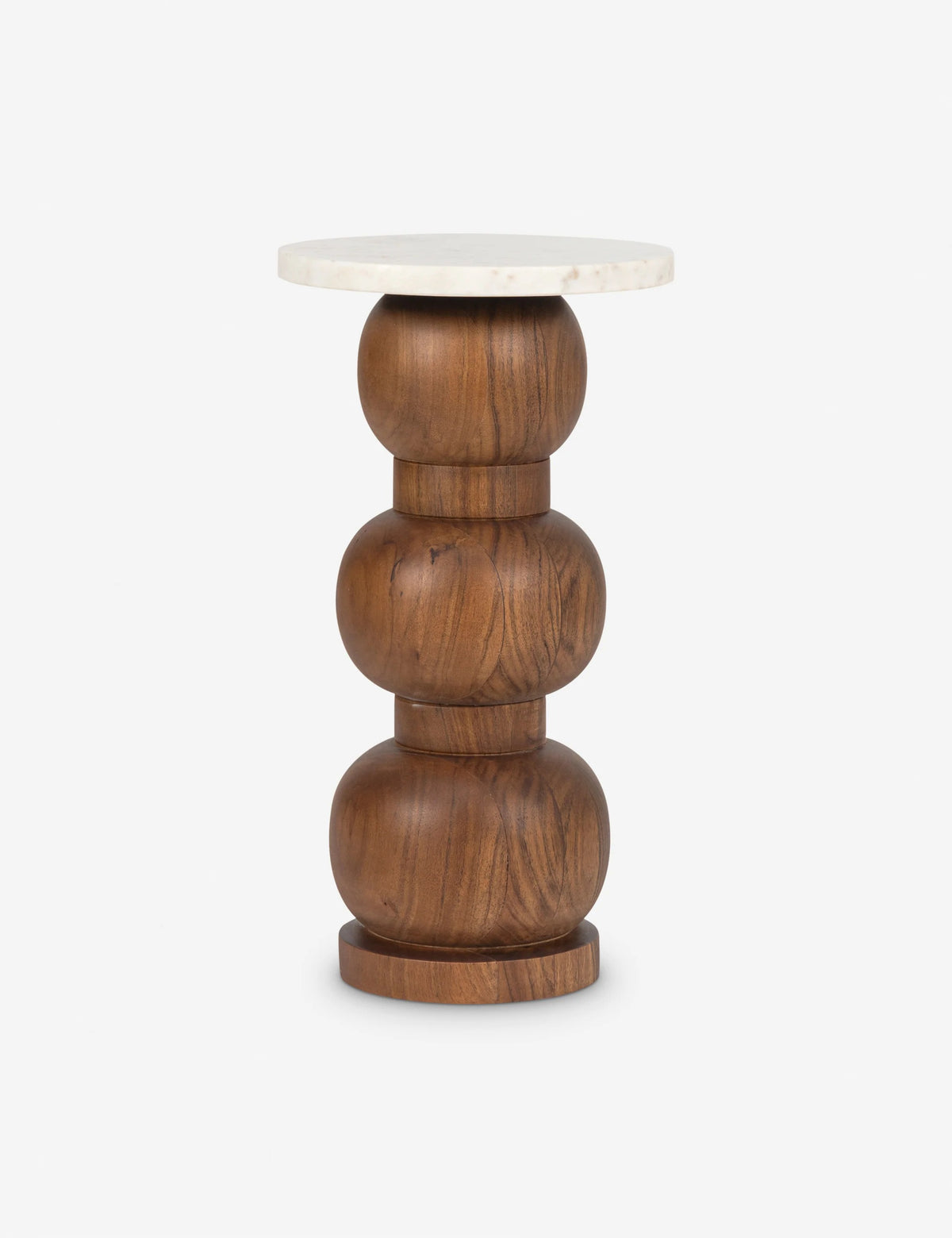 Orivia Walnut Spherical Solid Wood Pedestal Side Table with White Marble Top