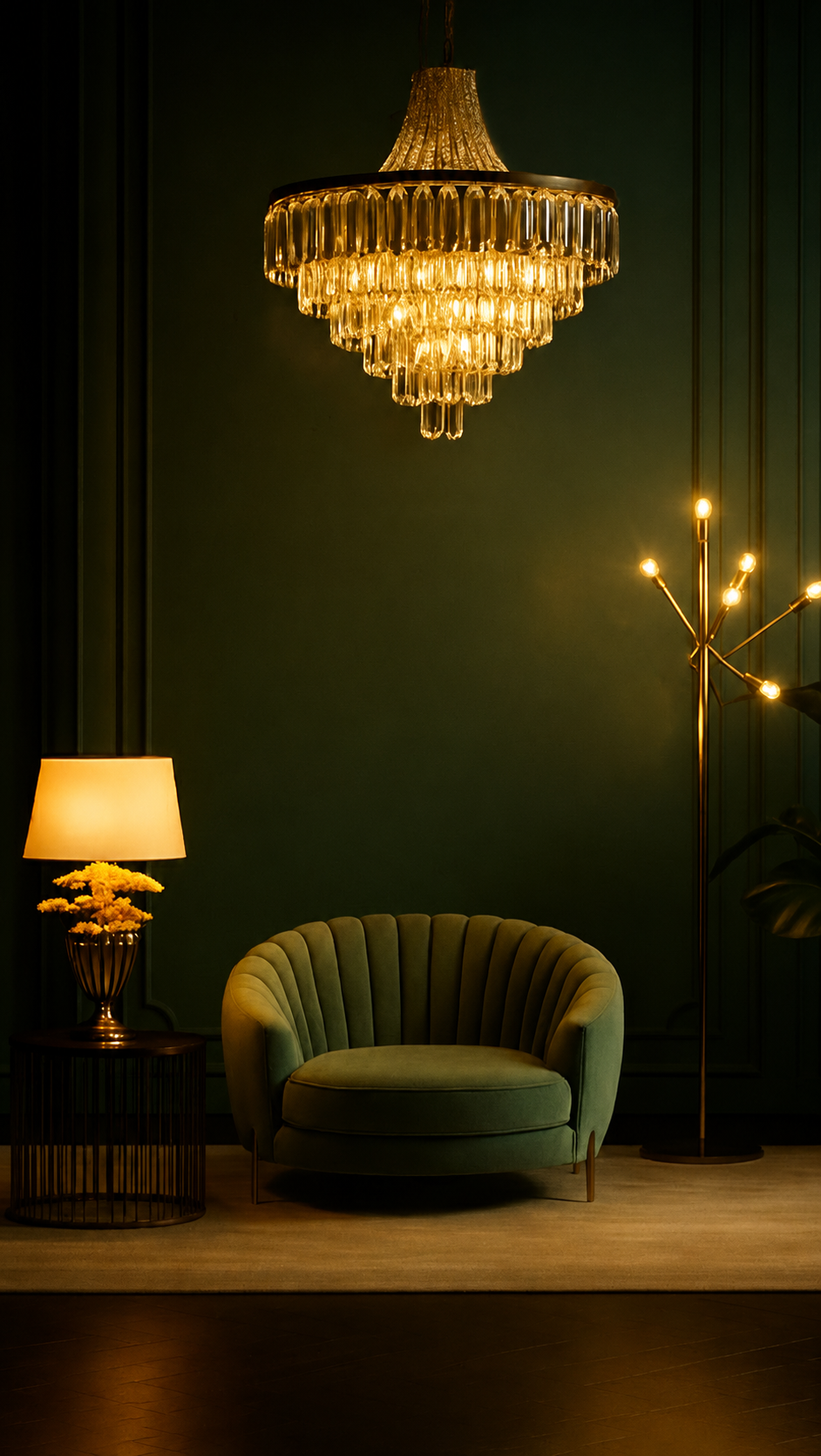 A softly lit living room styled with Maysha Living furniture